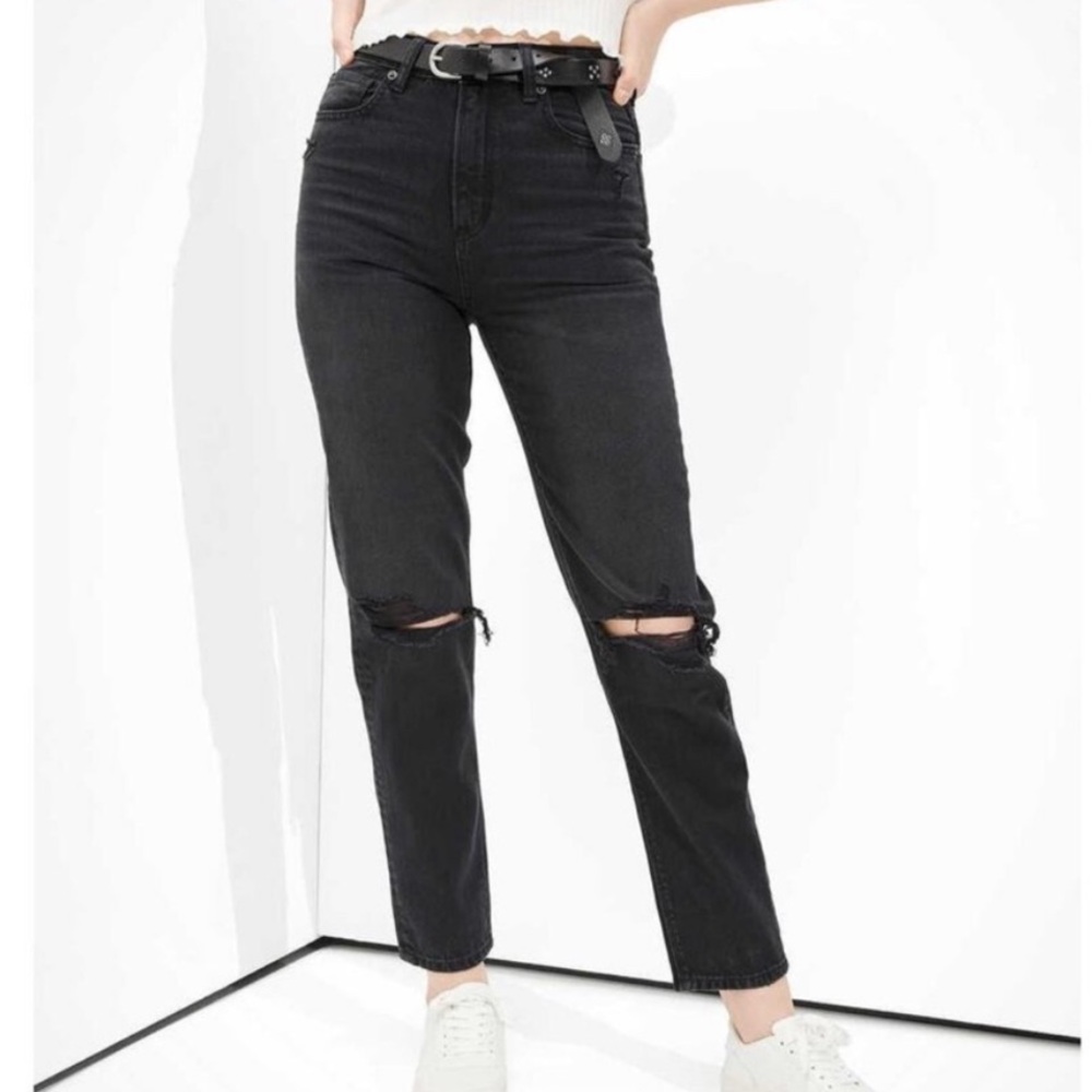 American Eagle Mom Straight Jeans Women’s Size 0 Black Denim Distressed